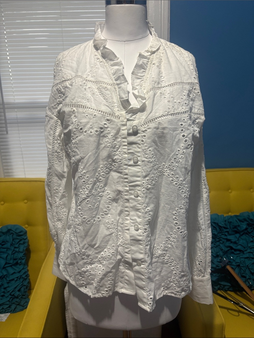 Women's White Eyelet Ruffle-Trim Button Down Shirt